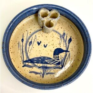 Vtg Handcrafted Round Ceramic Dish with Hand Painted Loon and Reeds on Interior